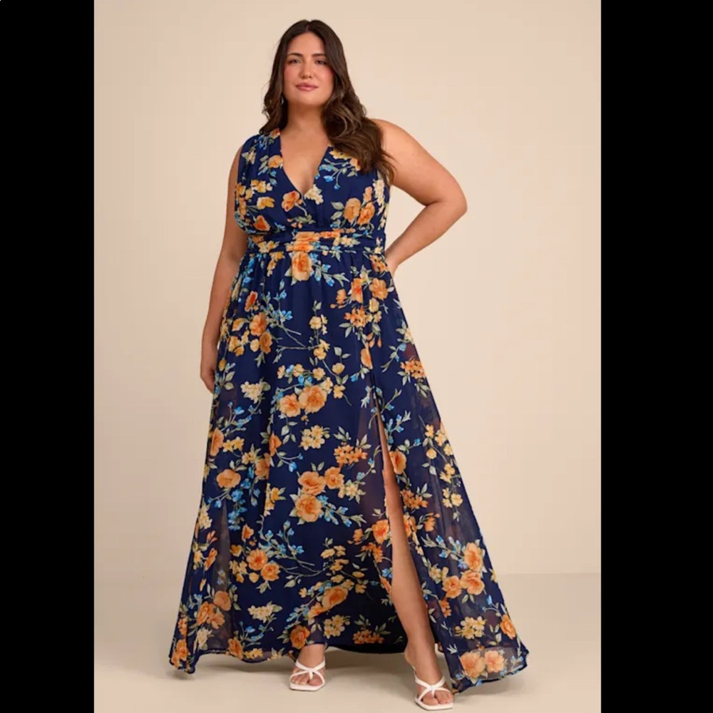 Lulus Heavenly Hues Dark Blue Floral Maxi Dress (L) - Picture 2 of 4